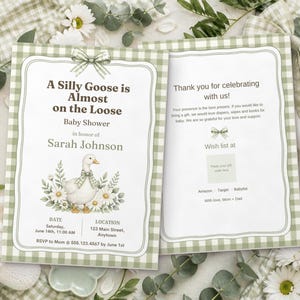 Silly Goose Baby Shower Invitation, Editable Canva Template, Sage Gingham Goose Shower Invite, Silly Goose on the Loose, Instant Download image 7