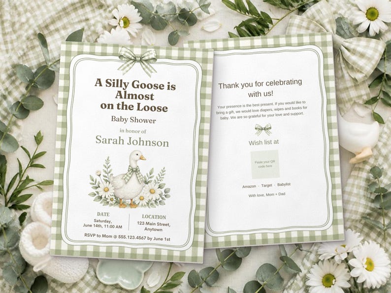 Silly Goose Baby Shower Invitation, Editable Canva Template, Sage Gingham Goose Shower Invite, Silly Goose on the Loose, Instant Download image 7