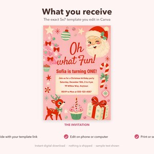 Invitación de primer cumpleaños navideña, Papá Noel retro ¡Qué divertido!, invitación de cumpleaños rosa para el primer cumpleaños, plantilla editable de Canva, descarga de 5x7 imagen 6
