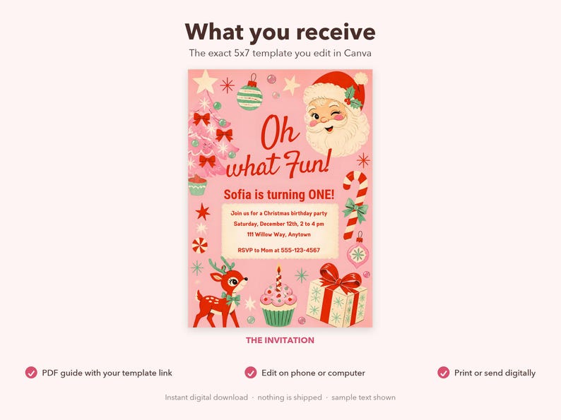 Invitación de primer cumpleaños navideña, Papá Noel retro ¡Qué divertido!, invitación de cumpleaños rosa para el primer cumpleaños, plantilla editable de Canva, descarga de 5x7 imagen 6