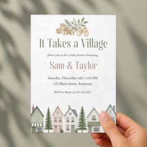 It Takes a Village Baby Shower Invitation, Editable Canva Template, Gender Neutral Shower Invite, Watercolor Houses, Instant Download image 2