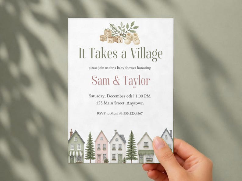 It Takes a Village Baby Shower Invitation, Editable Canva Template, Gender Neutral Shower Invite, Watercolor Houses, Instant Download image 2