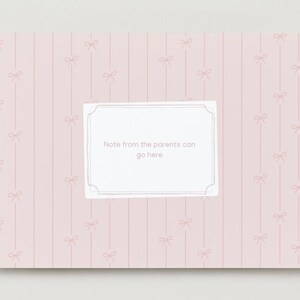 May include: A light pink rectangular card featuring a repeating pattern of vertical lines and small bows. In the center, a white rectangular label with a thin border contains the text: Note from the parents can go here.