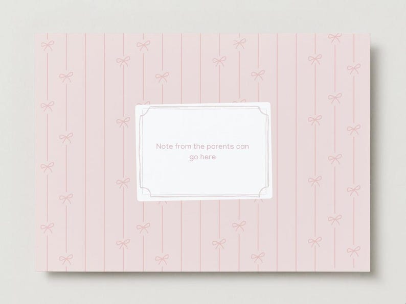 May include: A light pink rectangular card featuring a repeating pattern of vertical lines and small bows. In the center, a white rectangular label with a thin border contains the text: Note from the parents can go here.
