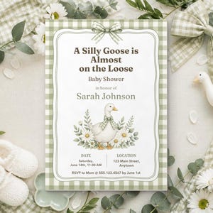 Silly Goose Baby Shower Invitation, Editable Canva Template, Sage Gingham Goose Shower Invite, Silly Goose on the Loose, Instant Download