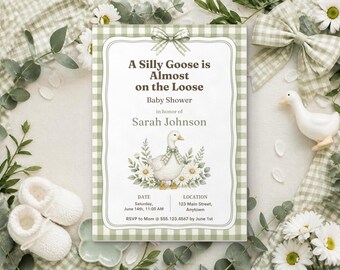 Silly Goose Baby Shower Invitation, Editable Canva Template, Sage Gingham Goose Shower Invite, Silly Goose on the Loose, Instant Download