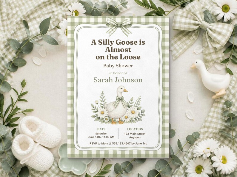Silly Goose Baby Shower Invitation, Editable Canva Template, Sage Gingham Goose Shower Invite, Silly Goose on the Loose, Instant Download image 1