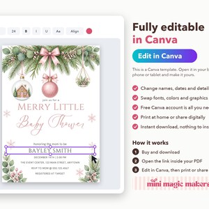 Merry Little Baby Shower Invitation, Editable Canva Template, Christmas Baby Shower Invite, Pink Ornament Winter Shower, Instant Download image 4