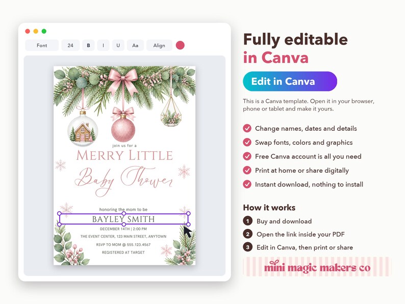 Merry Little Baby Shower Invitation, Editable Canva Template, Christmas Baby Shower Invite, Pink Ornament Winter Shower, Instant Download image 4