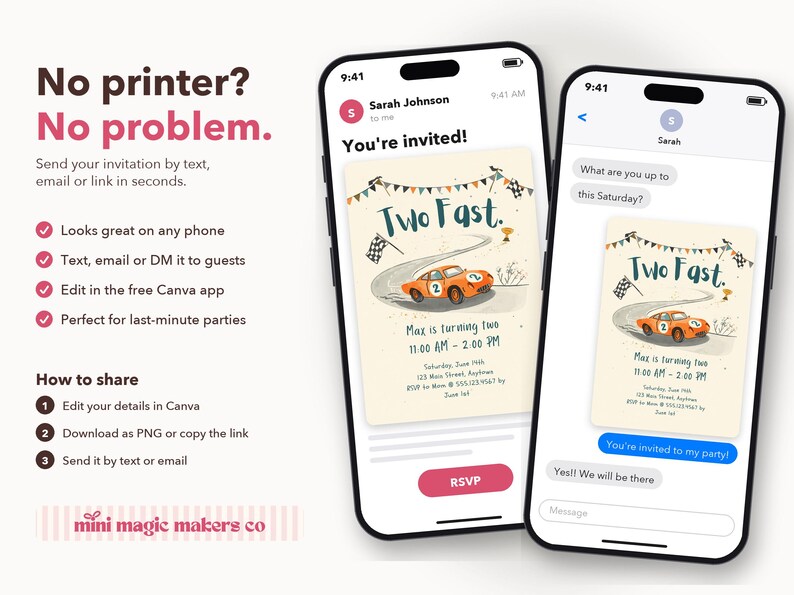May include: Two smartphones display a digital birthday invitation featuring an orange race car, a checkered flag, and the text Two Fast. The invitation includes details for a second birthday party, including time, date, and location, shown in a mobile messaging interface.