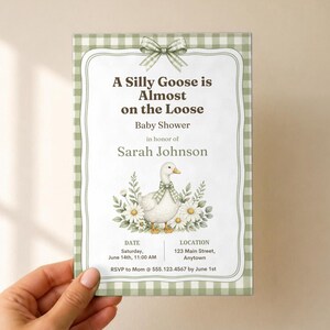 Silly Goose Baby Shower Invitation, Editable Canva Template, Sage Gingham Goose Shower Invite, Silly Goose on the Loose, Instant Download image 2