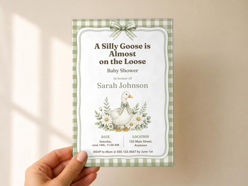 Silly Goose Baby Shower Invitation, Editable Canva Template, Sage Gingham Goose Shower Invite, Silly Goose on the Loose, Instant Download image 2
