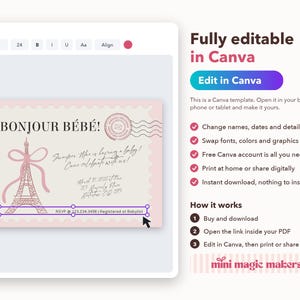 Bonjour Bébé Baby Shower Invitation – French Chic, Canva Editable (Digital Download) image 7
