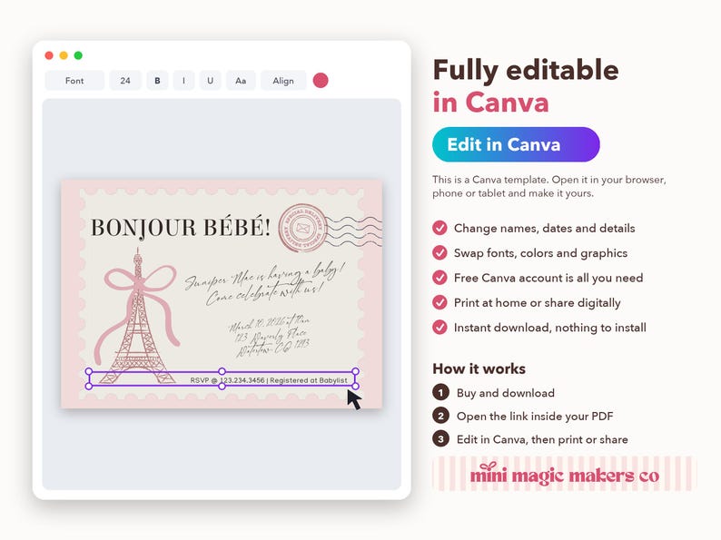 Bonjour Bébé Baby Shower Invitation – French Chic, Canva Editable (Digital Download) image 7