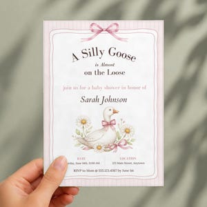 Silly Goose Baby Shower Invitation, Editable Canva Template, Sage Gingham Goose Shower Invite, Silly Goose on the Loose, Instant Download image 2