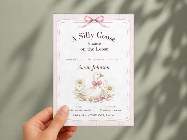 Silly Goose Baby Shower Invitation, Editable Canva Template, Sage Gingham Goose Shower Invite, Silly Goose on the Loose, Instant Download image 2