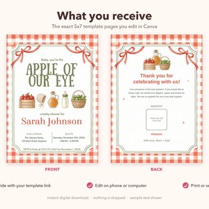 May include: A 5x7 baby shower invitation template with a red and white gingham border. The front features the text 'Baby, you're the APPLE OF OUR EYE' with illustrations of apples, a bonnet, a bottle, and a basket. The back includes text and a placeholder for a QR code.