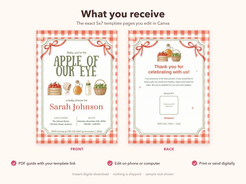May include: A 5x7 baby shower invitation template with a red and white gingham border. The front features the text 'Baby, you're the APPLE OF OUR EYE' with illustrations of apples, a bonnet, a bottle, and a basket. The back includes text and a placeholder for a QR code.