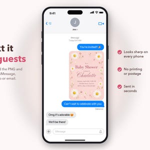 Puede incluir: Una pantalla de smartphone que muestra una conversaci&oacute;n de iMessage con una invitaci&oacute;n digital para un baby shower. La invitaci&oacute;n es rosa con ilustraciones de margaritas blancas y el texto Baby Shower in honor of Charlotte con los detalles.