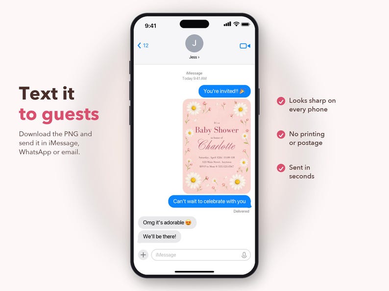 Puede incluir: Una pantalla de smartphone que muestra una conversaci&oacute;n de iMessage con una invitaci&oacute;n digital para un baby shower. La invitaci&oacute;n es rosa con ilustraciones de margaritas blancas y el texto Baby Shower in honor of Charlotte con los detalles.