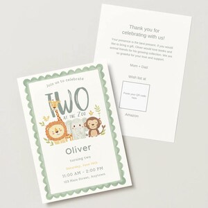 May include: A birthday invitation card with a scalloped sage green border featuring illustrations of a giraffe, lion, elephant, and monkey. Text reads: Join us to celebrate TWO AT THE ZOO, Oliver, turning two, Saturday, June 14th, 11:00 AM - 2:00 PM.
