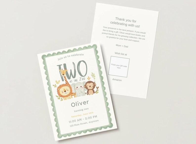 May include: A birthday invitation card with a scalloped sage green border featuring illustrations of a giraffe, lion, elephant, and monkey. Text reads: Join us to celebrate TWO AT THE ZOO, Oliver, turning two, Saturday, June 14th, 11:00 AM - 2:00 PM.
