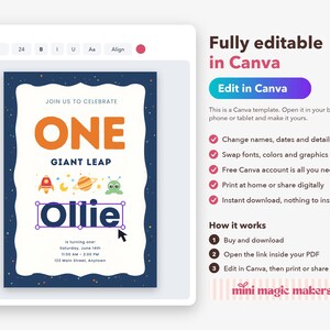 K&ouml;nnte beinhalten: Eine digitale Einladungsvorlage f&uuml;r einen ersten Geburtstag mit Weltraumgrafiken wie einer Rakete, einem Planeten und einem Alien. Der Text lautet JOIN US TO CELEBRATE ONE GIANT LEAP Ollie is turning one Saturday, June 14th 11:00 AM - 2:00 PM.