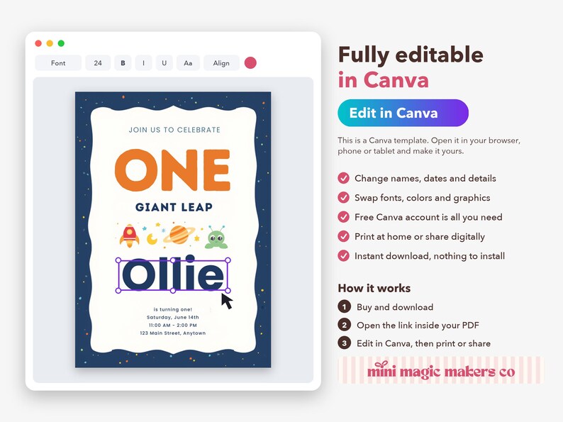 K&ouml;nnte beinhalten: Eine digitale Einladungsvorlage f&uuml;r einen ersten Geburtstag mit Weltraumgrafiken wie einer Rakete, einem Planeten und einem Alien. Der Text lautet JOIN US TO CELEBRATE ONE GIANT LEAP Ollie is turning one Saturday, June 14th 11:00 AM - 2:00 PM.