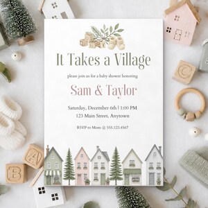 It Takes a Village Baby Shower Invitation, Editable Canva Template, Gender Neutral Shower Invite, Watercolor Houses, Instant Download