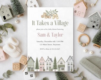 It Takes a Village Baby Shower Invitation, Editable Canva Template, Gender Neutral Shower Invite, Watercolor Houses, Instant Download
