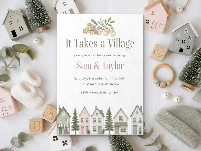 It Takes a Village Baby Shower Invitation, Editable Canva Template, Gender Neutral Shower Invite, Watercolor Houses, Instant Download image 1