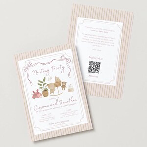 May include: Two rectangular baby shower invitation cards with beige vertical stripes. The front features the text Nesting Party, illustrations of a cradle, plant, and teddy bear, and the names Simonne and Jonathan. The back includes a QR code.