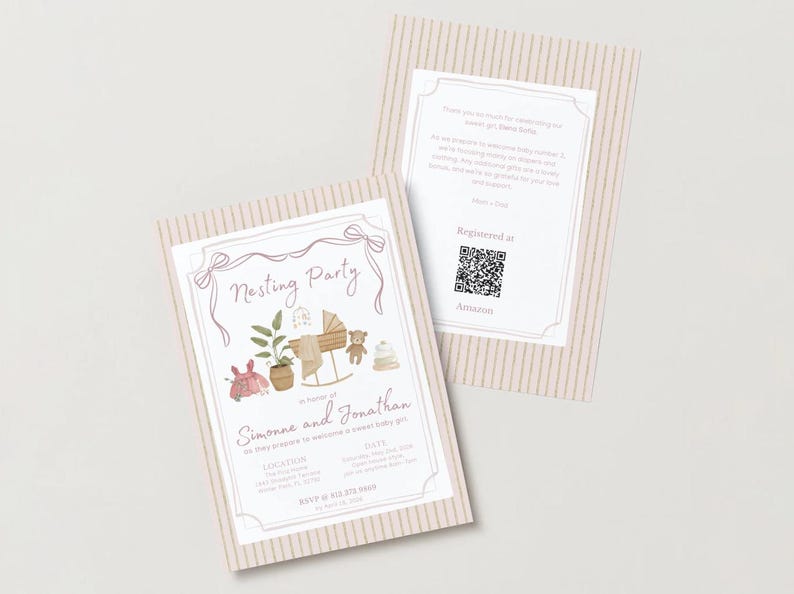 May include: Two rectangular baby shower invitation cards with beige vertical stripes. The front features the text Nesting Party, illustrations of a cradle, plant, and teddy bear, and the names Simonne and Jonathan. The back includes a QR code.