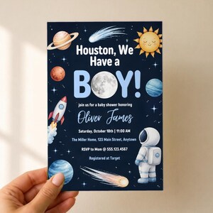 Houston We Have a Boy Baby Shower Invitation, Editable Canva Template, Space Baby Shower Invite, Astronaut Moon Planets, Instant Download image 2