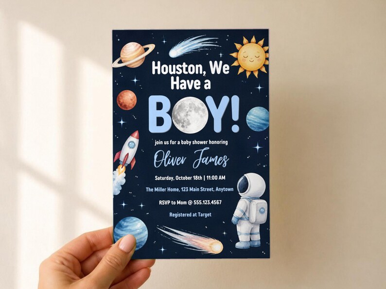 Houston We Have a Boy Baby Shower Invitation, Editable Canva Template, Space Baby Shower Invite, Astronaut Moon Planets, Instant Download image 2