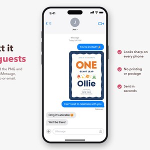 K&ouml;nnte beinhalten: Ein Smartphone-Bildschirm zeigt eine iMessage-Konversation mit einer digitalen Einladung zum ersten Geburtstag. Die Einladung enth&auml;lt den Text ONE GIANT LEAP und Ollie, verziert mit Weltraum-Symbolen wie einer Rakete, einem Planeten und einem Alien.