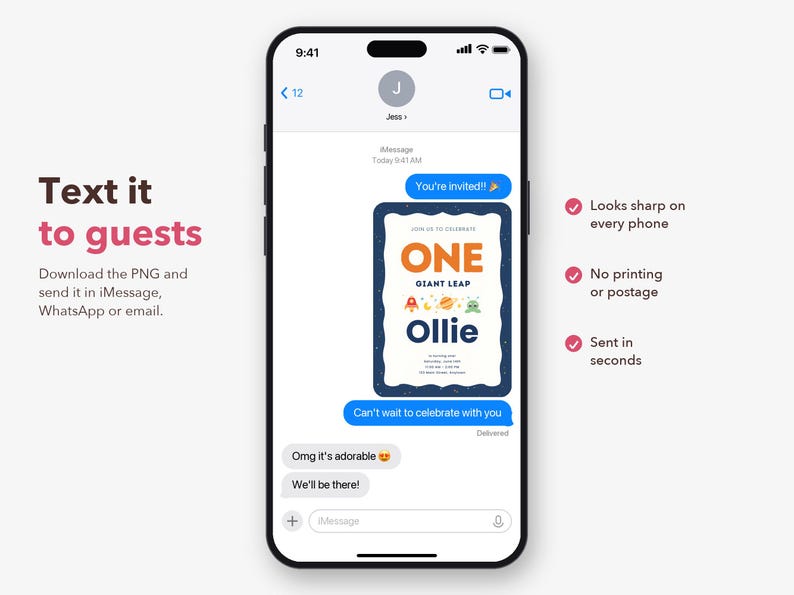 K&ouml;nnte beinhalten: Ein Smartphone-Bildschirm zeigt eine iMessage-Konversation mit einer digitalen Einladung zum ersten Geburtstag. Die Einladung enth&auml;lt den Text ONE GIANT LEAP und Ollie, verziert mit Weltraum-Symbolen wie einer Rakete, einem Planeten und einem Alien.