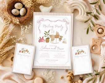 May include: A rectangular invitation card and two smaller matching cards featuring the text Nesting Party, Sabrina and Trevor, and Thank you for joining me. The cards display illustrations of a cradle, a plant, a dress, and a teddy bear.