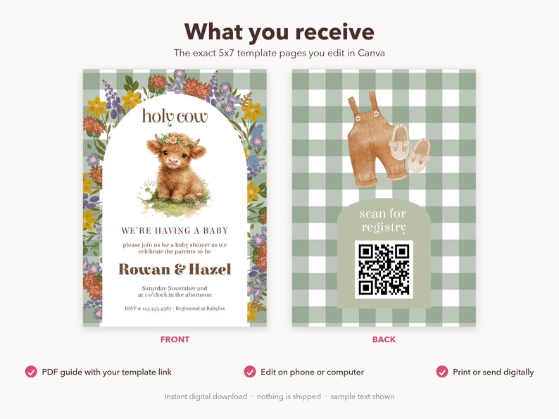 Highland Cow Baby Shower Invitation – Rustic Farm, Editable Canva Template (Digital Download) image 6