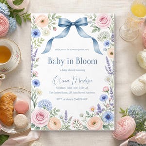Baby in Bloom Baby Shower Invitation, Editable Canva Template, Wildflower Garden Party Shower Invite, Blue Bow Floral, Instant Download