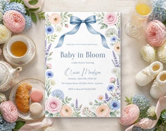 Baby in Bloom Baby Shower Invitation, Editable Canva Template, Wildflower Garden Party Shower Invite, Blue Bow Floral, Instant Download