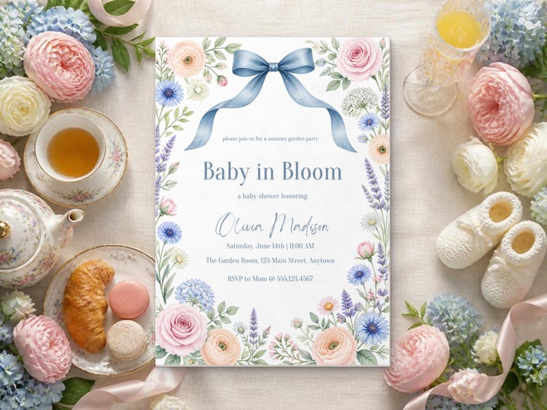 Baby in Bloom Baby Shower Invitation, Editable Canva Template, Wildflower Garden Party Shower Invite, Blue Bow Floral, Instant Download image 1
