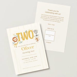 May include: A two-piece birthday invitation set featuring a zoo theme with illustrations of a lion, giraffe, and monkey. The text reads TWO, Oliver turning two, Saturday June 14th, and includes a thank you note with a QR code placeholder.