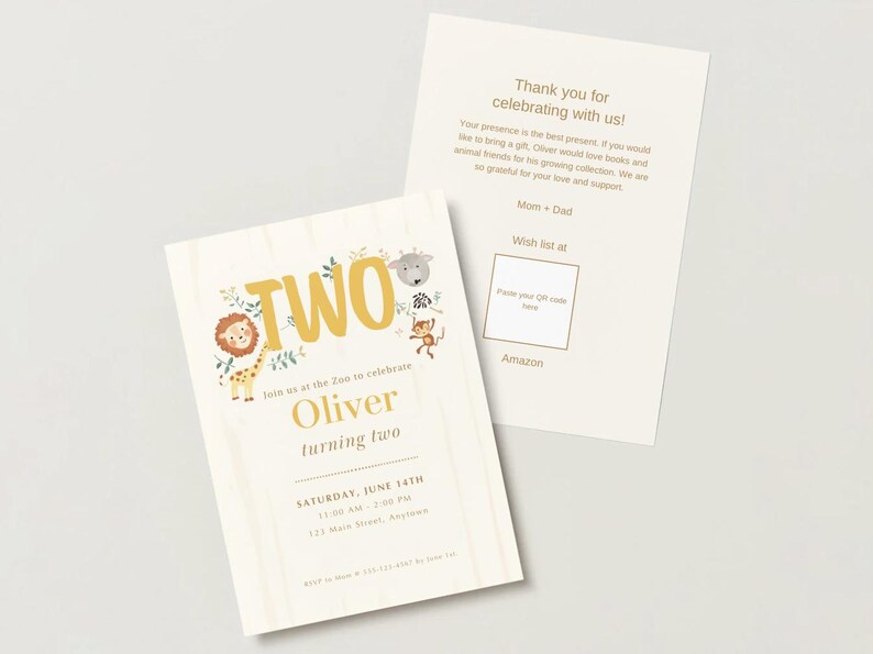 May include: A two-piece birthday invitation set featuring a zoo theme with illustrations of a lion, giraffe, and monkey. The text reads TWO, Oliver turning two, Saturday June 14th, and includes a thank you note with a QR code placeholder.