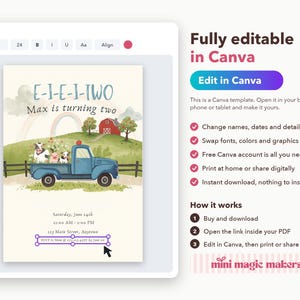Puede incluir: Una plantilla de invitaci&oacute;n de cumplea&ntilde;os digital con una camioneta azul que transporta animales de granja, un granero rojo y un arco&iacute;ris sobre un fondo crema. El texto dice E-I-E-I-TWO, Max is turning two, Saturday, June 14th, 11:00 AM - 2:00 PM.
