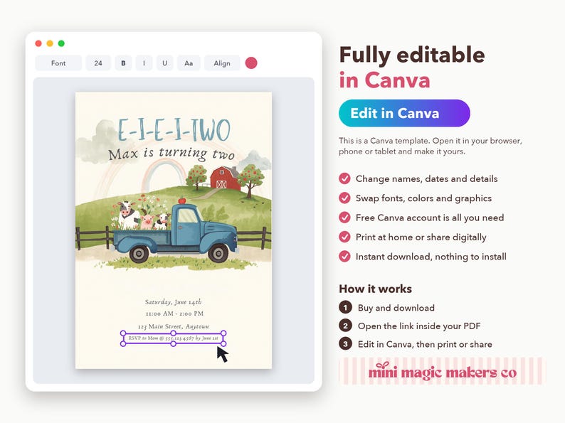 Puede incluir: Una plantilla de invitaci&oacute;n de cumplea&ntilde;os digital con una camioneta azul que transporta animales de granja, un granero rojo y un arco&iacute;ris sobre un fondo crema. El texto dice E-I-E-I-TWO, Max is turning two, Saturday, June 14th, 11:00 AM - 2:00 PM.