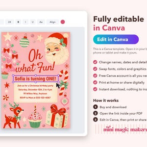Puede incluir: Una plantilla de invitaci&oacute;n de cumplea&ntilde;os con tem&aacute;tica navide&ntilde;a en color rosa que muestra a Santa Claus, un reno, un cupcake y una caja de regalo. El texto dice Oh what Fun! Sofia is turning ONE! Join us for a Christmas birthday party.