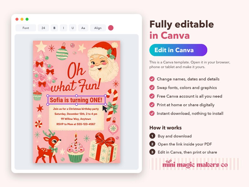 Puede incluir: Una plantilla de invitaci&oacute;n de cumplea&ntilde;os con tem&aacute;tica navide&ntilde;a en color rosa que muestra a Santa Claus, un reno, un cupcake y una caja de regalo. El texto dice Oh what Fun! Sofia is turning ONE! Join us for a Christmas birthday party.