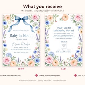 Baby in Bloom Baby Shower Invitation, Editable Canva Template, Wildflower Garden Party Shower Invite, Blue Bow Floral, Instant Download image 6