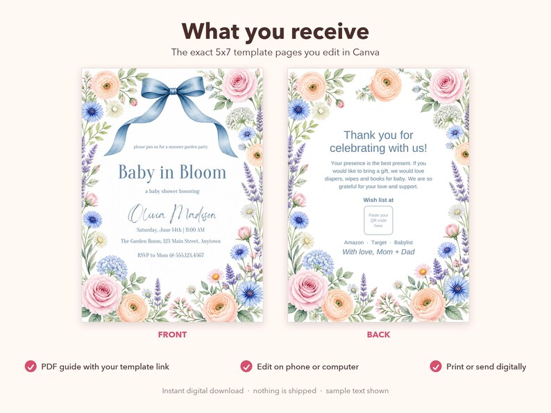 Baby in Bloom Baby Shower Invitation, Editable Canva Template, Wildflower Garden Party Shower Invite, Blue Bow Floral, Instant Download image 6